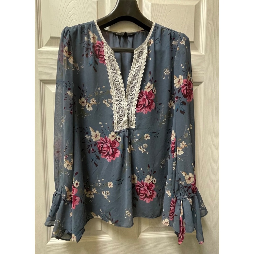 White House Black Market Floral Lace‎ Trim Blouse Women's Size 14 Long Sleeve - Picture 2 of 16